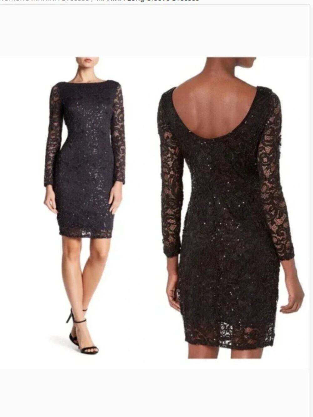 MARINA Black Sequin Long Sleeve Shift Dress Size 16